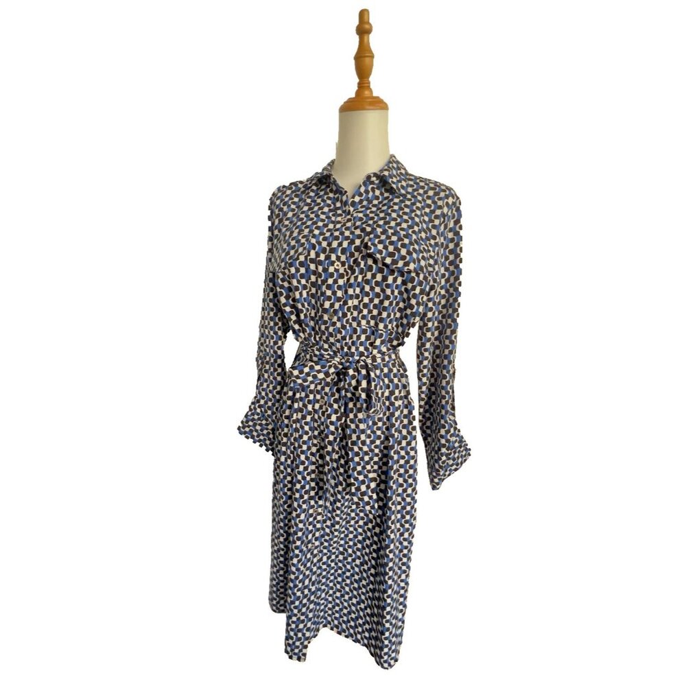 Women's Shirt Dress Sz L Long Sleeve Geo-Print Belted Blue Black NY Collection